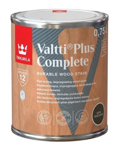 Tikkurila Valtti Plus Complete Dark Rosewood Satīna Lazūras Koksnes Aizsargpārklājums Ārdarbiem | Bazaars.lv