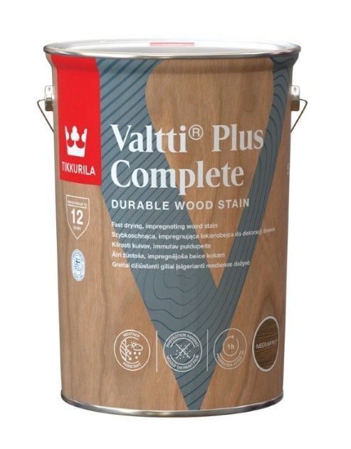 Tikkurila Valtti Plus Complete Medium Nut Satīna Lazūras Koksnes Aizsargpārklājums Ārdarbiem | Bazaars.lv