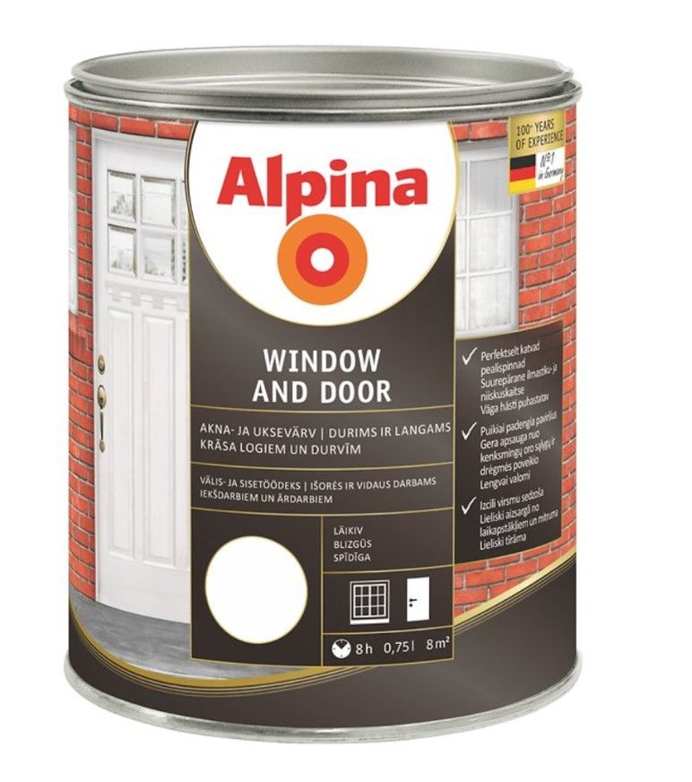 Alpina Window And Door Alkīda Sveķu Krāsa Durvīm Un Logiem Balta Spīdīga | Bazaars.lv