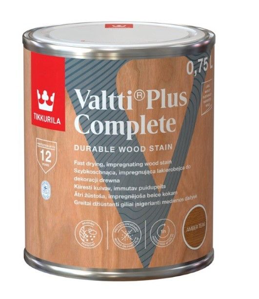 Tikkurila Valtti Plus Complete Amber Teak Satīna Lazūras Koksnes Aizsargpārklājums Ārdarbiem | Bazaars.lv