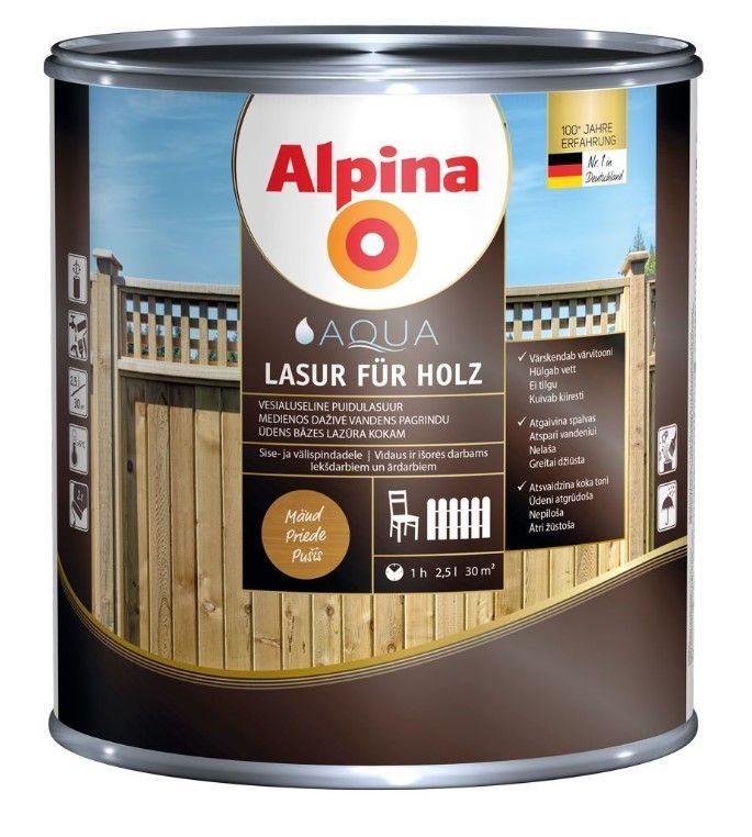 Alpina Aqua Lasur Für Holz Ūdens Bāzes Lazūra Kokam Priedes | Bazaars.lv